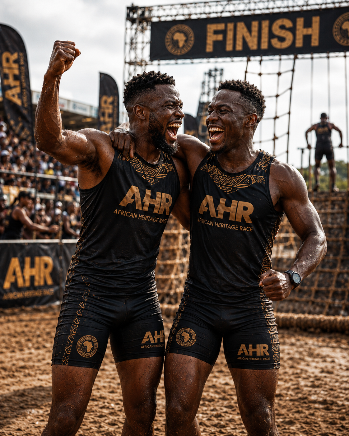 Two male AHR athletes celebrating at the finish line with raised fists in victory.