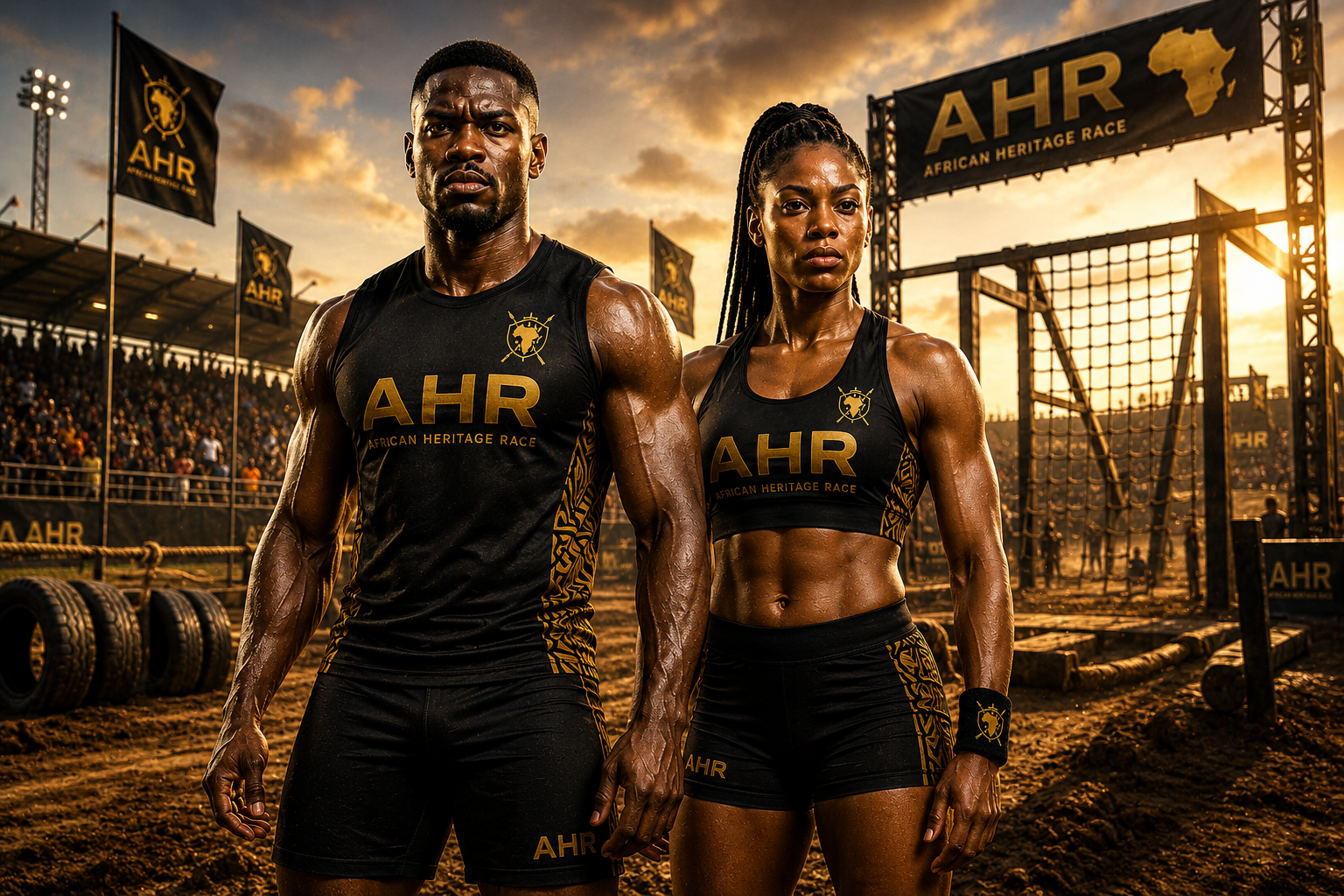 Two African Heritage Race athletes — one male and one female — standing together in AHR obstacle-race apparel, representing equal national participation.