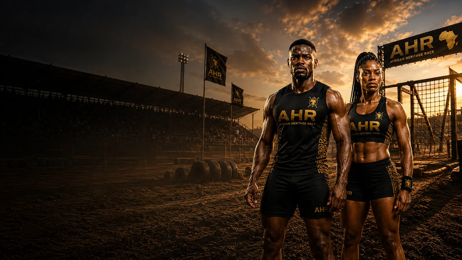 Two African Heritage Race athletes — one male and one female — standing together in an AHR obstacle-race stadium at golden sunset, representing equal national participation.